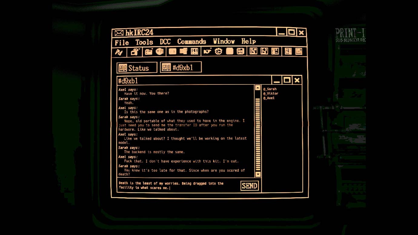 A group chat on an old monitor with the good time fun gang in S.p.l.i.t.